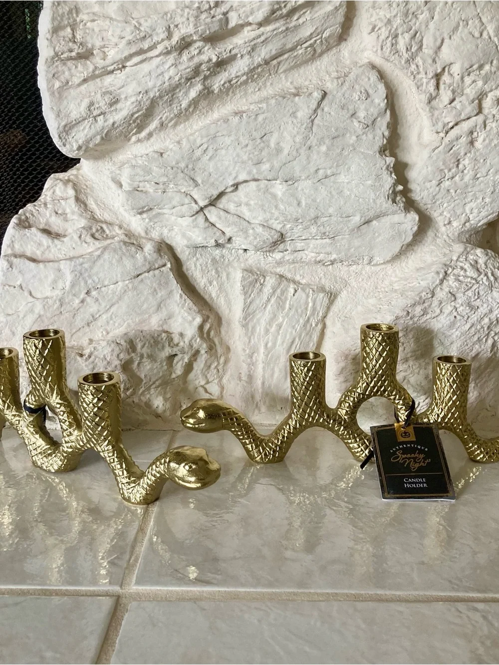 NWT Gold toned metal textured snake taper candle holders